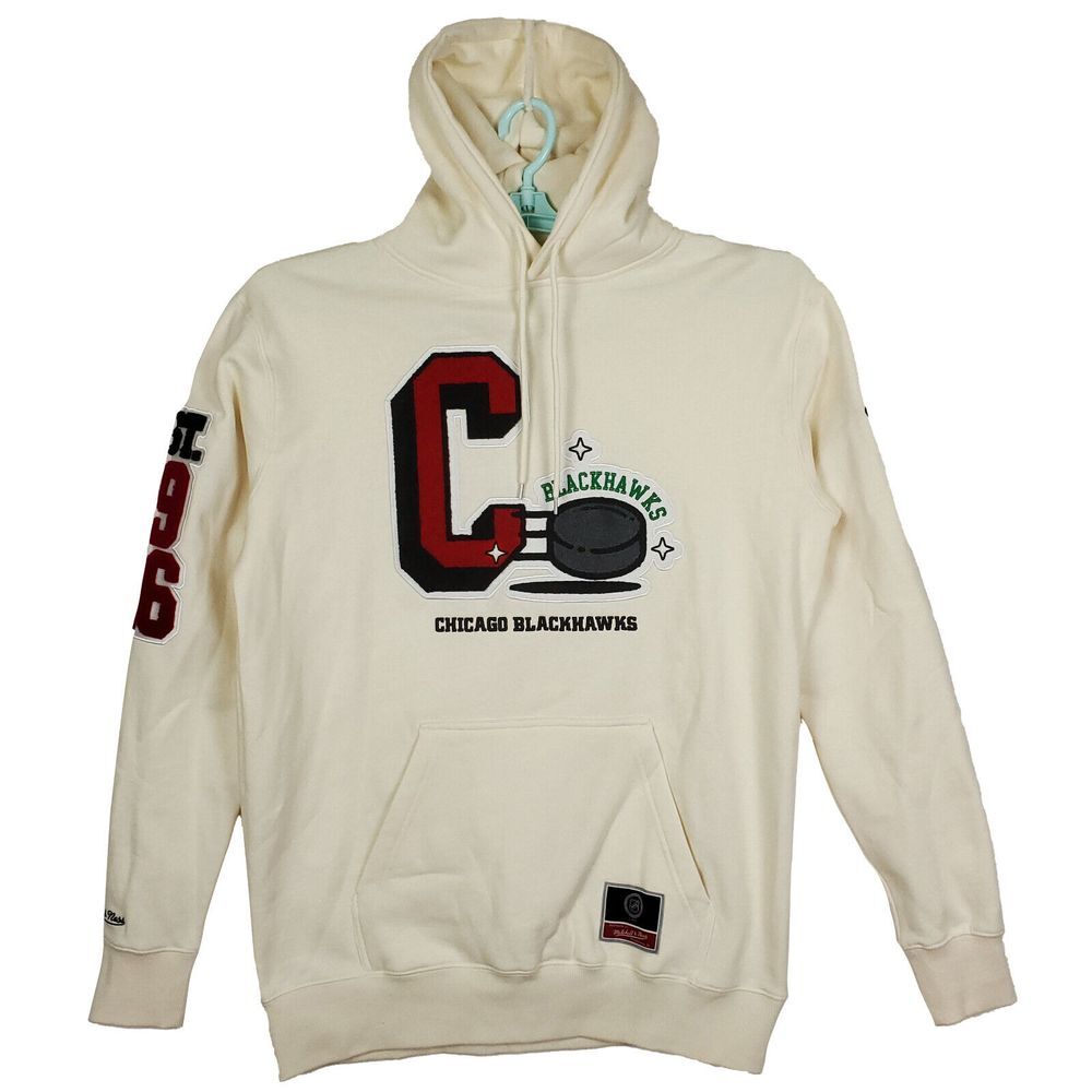 Chicago Blackhawks Mitchell & Ness NHL Large Hoodie Chenille Stitch Cream NWT‎